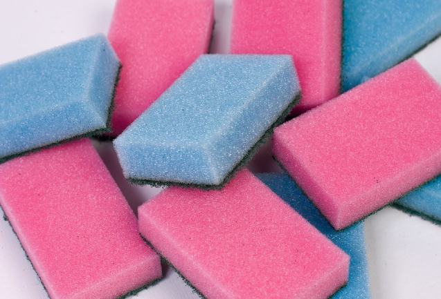 Plain blue and pink polyurethane kitchen sponges